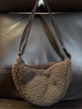 Plush Sherpa Crescent Shoulder Bag in Dark Brown